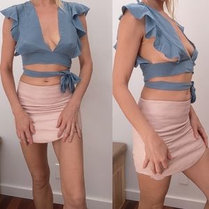 Farfetch sample silk chalk blue doen style ruffle wrap plunging ballerina top s